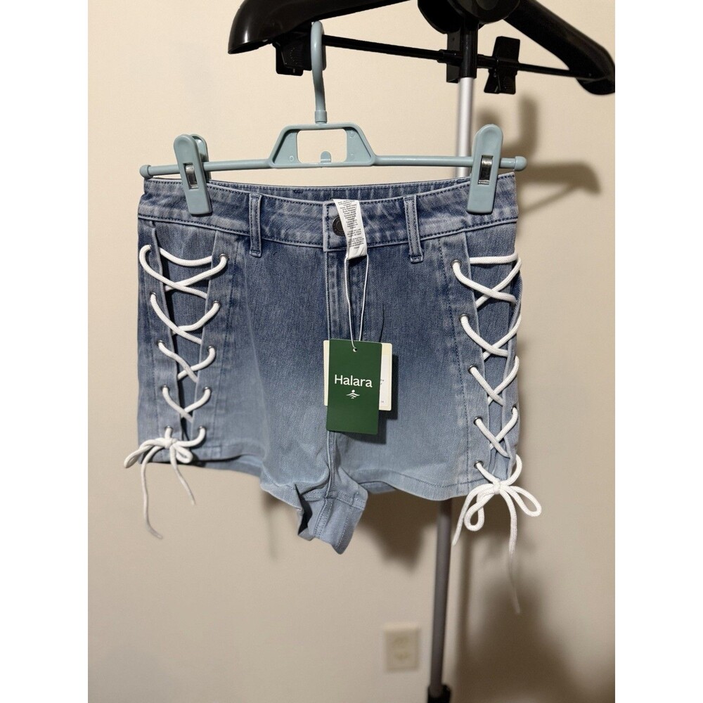 NWT Halara Lace Up Denim Shorts Blue Pockets Women's Size S Cotton Casual